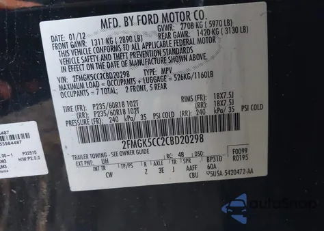 2012 Ford Flex Sel из США, поврежденный, VIN 2FMGK5CC2CBD20298